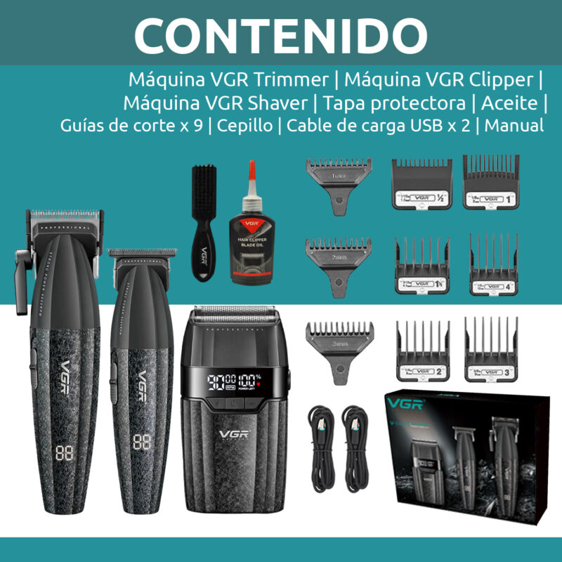 VGR 640 S3 Professional Men's Hair Clipper, 3-in-1 Cordless Barber Kit with Hair Clipper, Precision Trimmer, Foil Shaver, LED Display, USB Charging, Ceramic Blades,