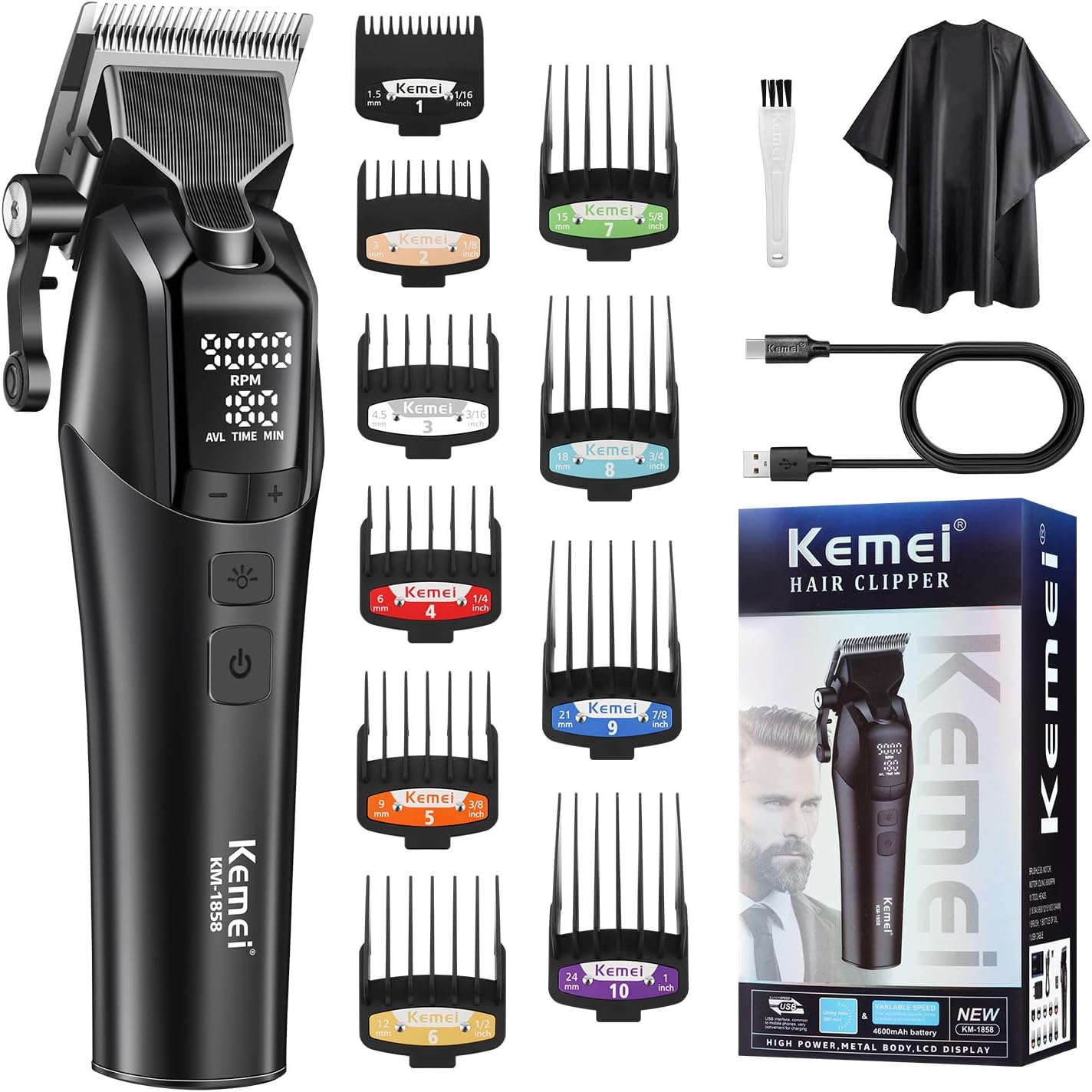 KEMEI Professional Hair Clippers for Men, Cordless Hair Cutting Kits,Rechargeable Hair & Beard Trimmer Barber Clippers, KM-1858