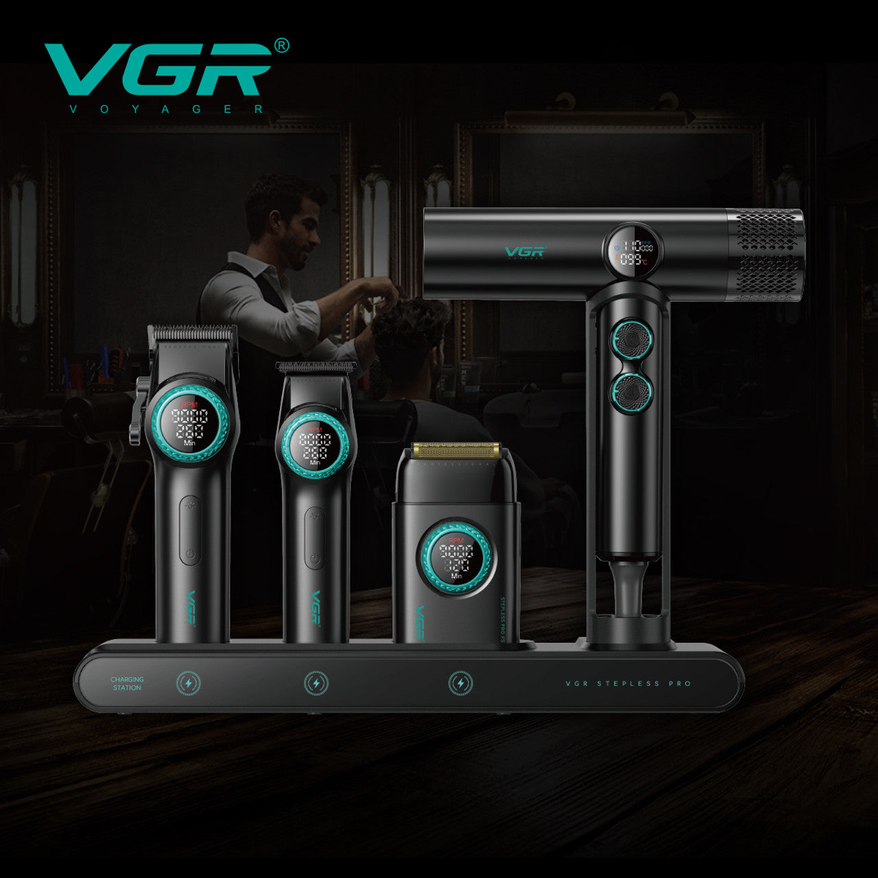 VGR Mr. SUPER POWER Stepless Pro 4-in-1 Barber Series Combo Kit for Salon