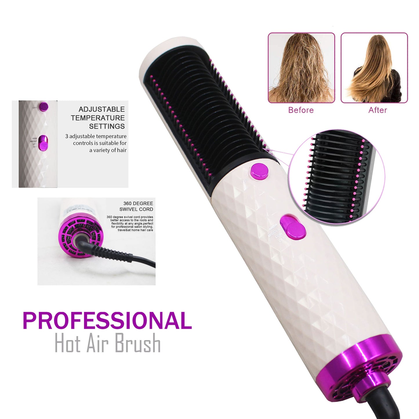 Hesheng Professional Hot Air Brush Hair Dryer Comb Straightening And Curling Black (H) HS-818