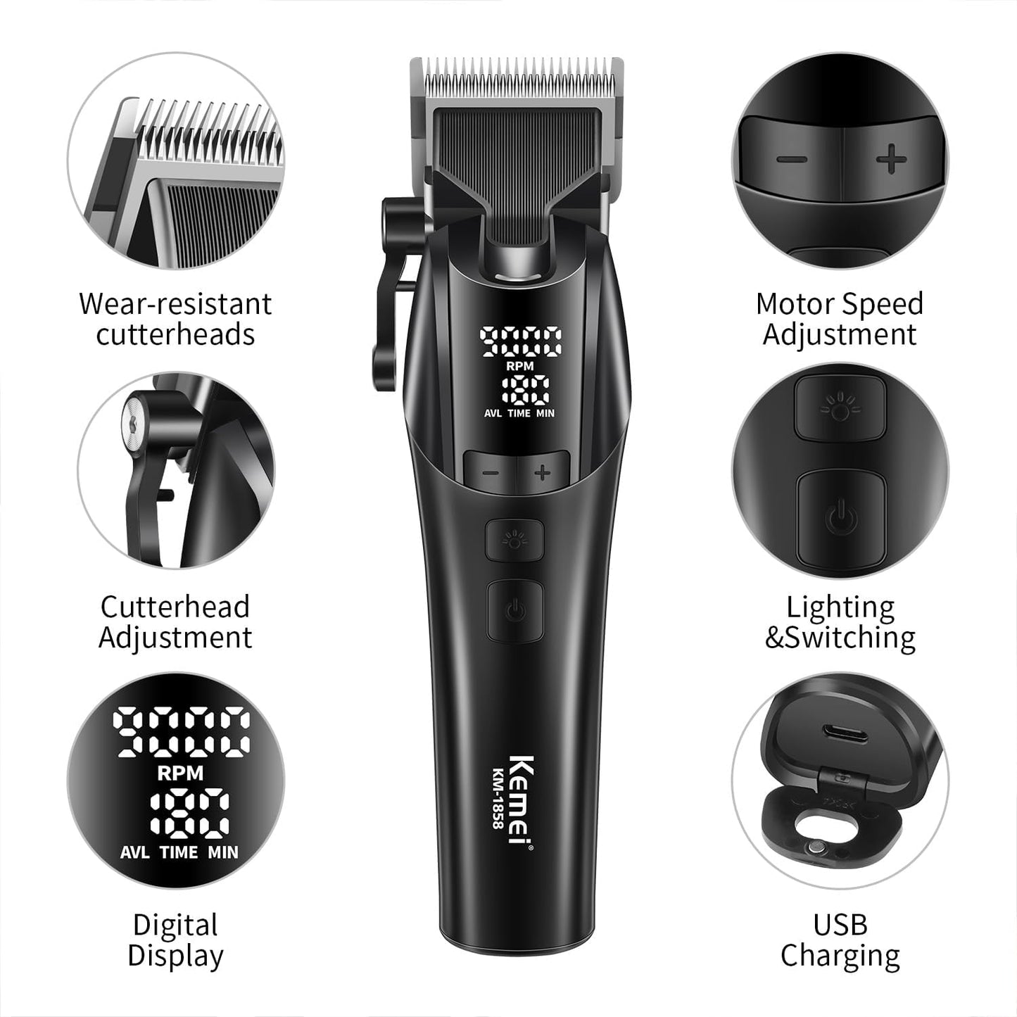 KEMEI Professional Hair Clippers for Men, Cordless Hair Cutting Kits,Rechargeable Hair & Beard Trimmer Barber Clippers, KM-1858