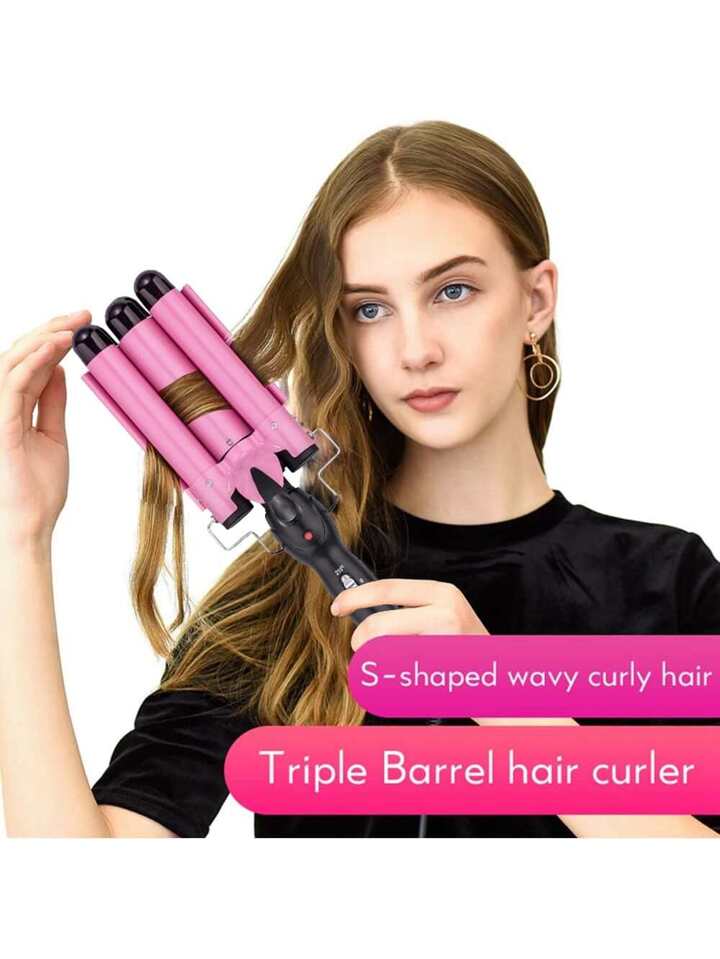 3 Barrel Hair Curling Iron Wand Temperature Adjustable 25mm Hair Waver(Pink)