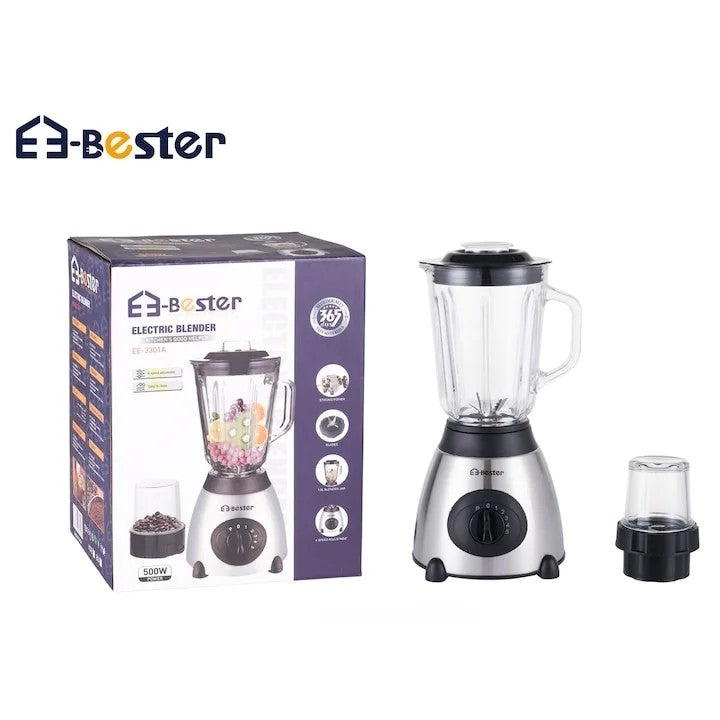 BESTER EE-3301A Electric Blender With Resistant Glass Bowl And Grinder, 2 In 1, 500W, 1.5L, 5 Adjustable Speeds And Pulse Function For Various Preparations