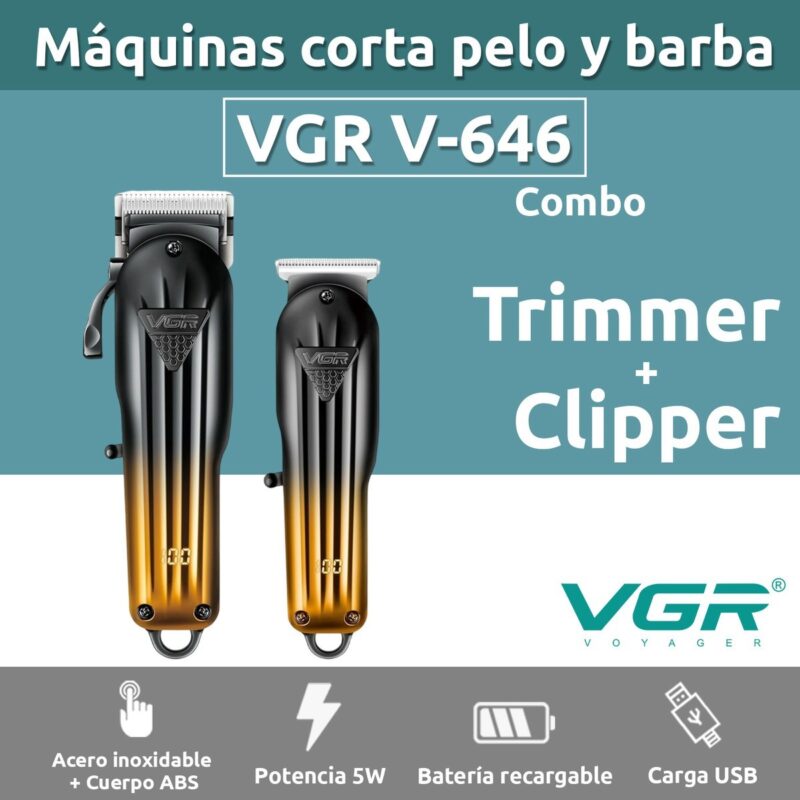 VGR V-646 USB Barber Clipper Trimmer Machine Kit with 10 Guides