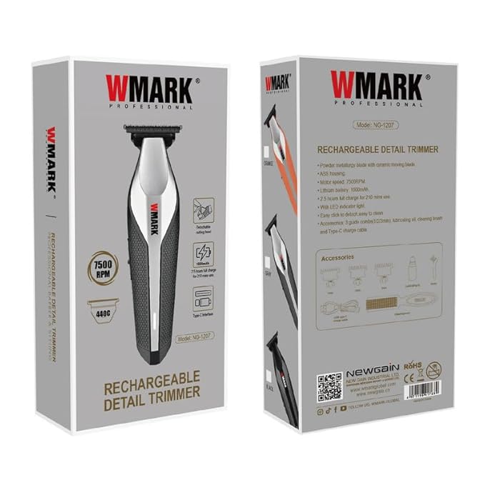 WMARK NG-1207 Rechargeable Detail Trimmer, 440C Stainless Steel and Ceramic Blade, 7500 RPM Motor, 1600mAh Lithium Battery, LED Indicator, 210 Minutes Runtime GREY