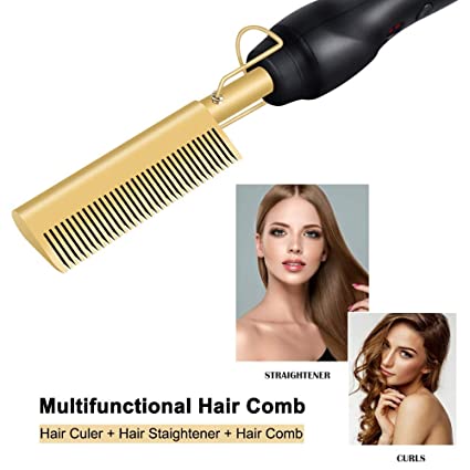 2 in 1 Hair Straightener Curling Iron Electric Heating Comb Hair Smoothing Flat Iron Multifunctional straightening Styling Tool Gold BuyIt.lb