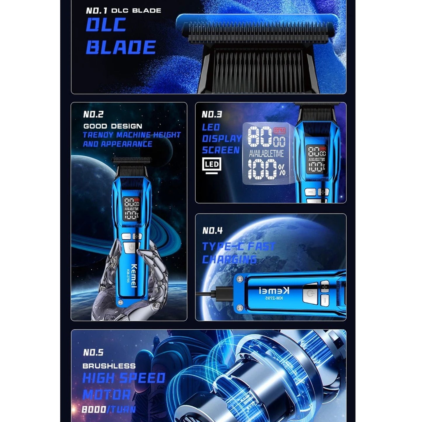 Kemei KM-2795 Hair Clipper 8000RPM 2000MAH Zero Gapped Trimmer KM2795 BuyIt.lb