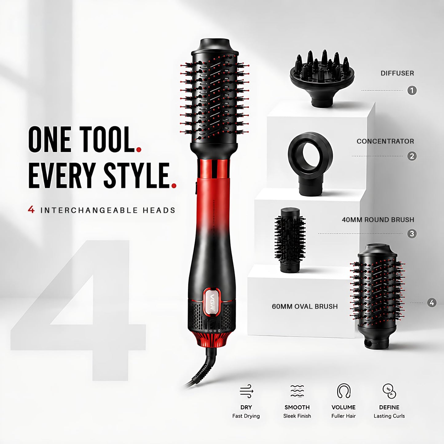 VGR V-484 Professional 1000-1100W | 4 IN 1 Hot Air Brush | 4 Styling Heads, Diffuser, Concentrator, Round & Oval Brushes | Fast Drying & Volumizing | Suitable for All Hair Types