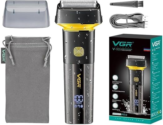 VGR V-355 Premium Cordless Rechargeable IPX6 Fully Waterproof 3 Razor Electric Shaver Wet & Dry Shaver for Face Care Beard Trimmer Super-Fast Charge 100 minutes Runtime with LED Digital Display