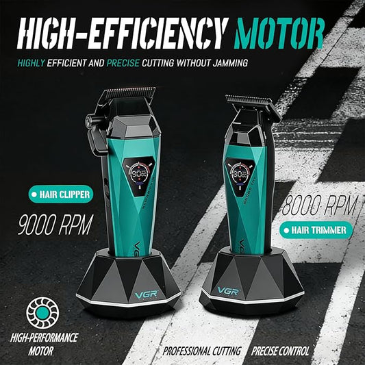 VGR 877S3 Hair Clippers for Men, Professional Hair Cutting Kit with LED Display & Charging Base, Cordless Barber Clippers with Turbo High-Speed 9000RPM Motor, All-in-One Grooming Set