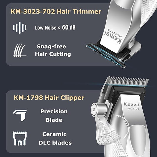 KEMEI Professional Hair Clippers for Men, Cordless Barber Clippers and Trimmers Set with Full Metal Body, Electric Foil Shavers with LED Display & Travel Case, KM-3023-702, KM-1798, KM-T402
