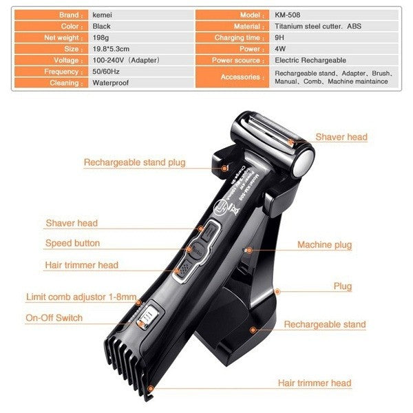 Kemei KM-508 - Rechargeable Hair Clipper and Shaver 2 in 1