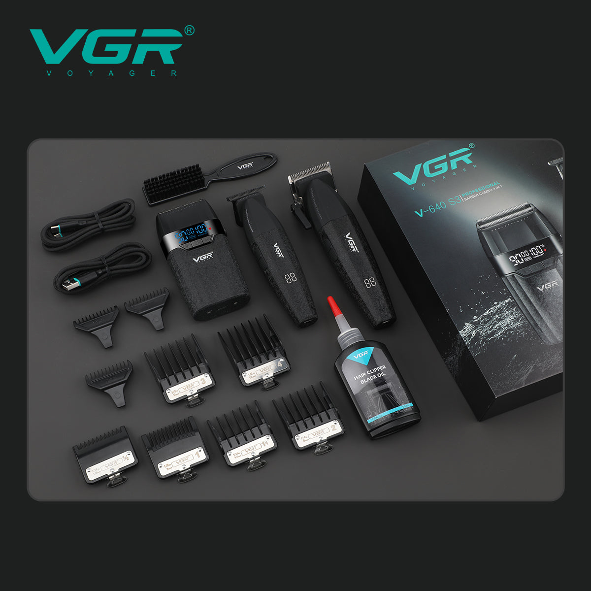 VGR 640 S3 Professional Men's Hair Clipper, 3-in-1 Cordless Barber Kit with Hair Clipper, Precision Trimmer, Foil Shaver, LED Display, USB Charging, Ceramic Blades,