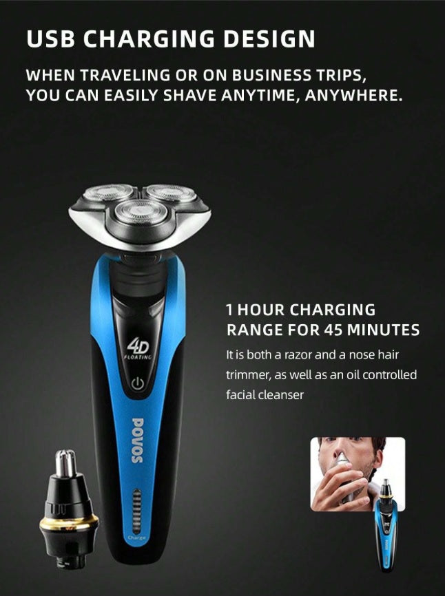 POVOS PQ9601 4D Independent Floating Head Rotary Shaver, Whole Body Washable, Men's Birthday Gift PQ9601