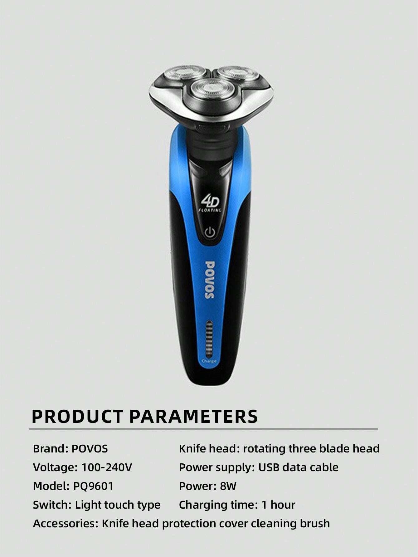 POVOS PQ9601 4D Independent Floating Head Rotary Shaver, Whole Body Washable, Men's Birthday Gift PQ9601