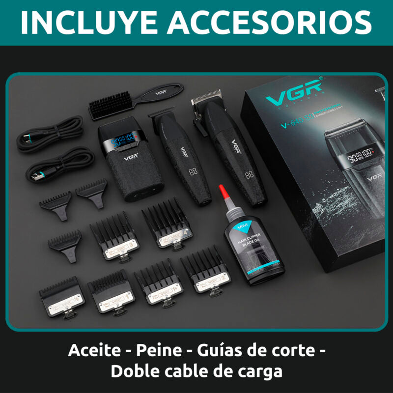 VGR 640 S3 Professional Men's Hair Clipper, 3-in-1 Cordless Barber Kit with Hair Clipper, Precision Trimmer, Foil Shaver, LED Display, USB Charging, Ceramic Blades,