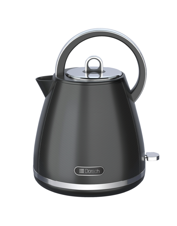 DORSCH Black electric kettle with silver handle and base on a white background