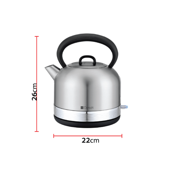 Stainless steel DORSCH kettle with dimensions labeled on a white background