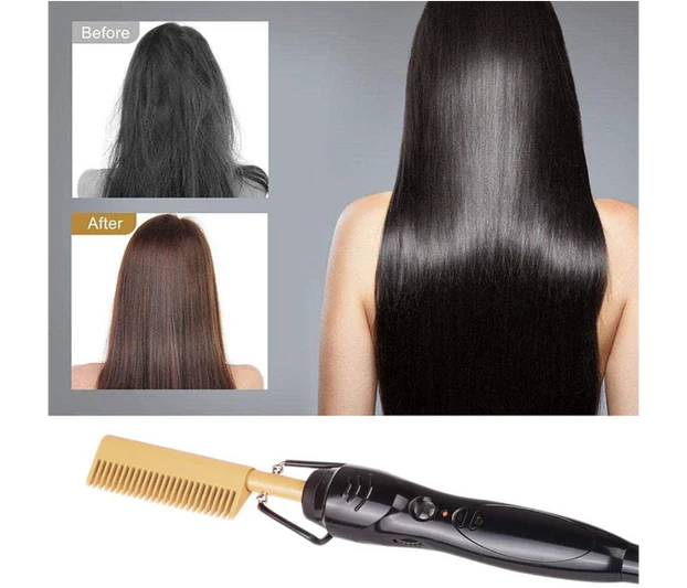2 in 1 Hair Straightener Curling Iron Electric Heating Comb Hair Smoothing Flat Iron Multifunctional straightening Styling Tool Gold