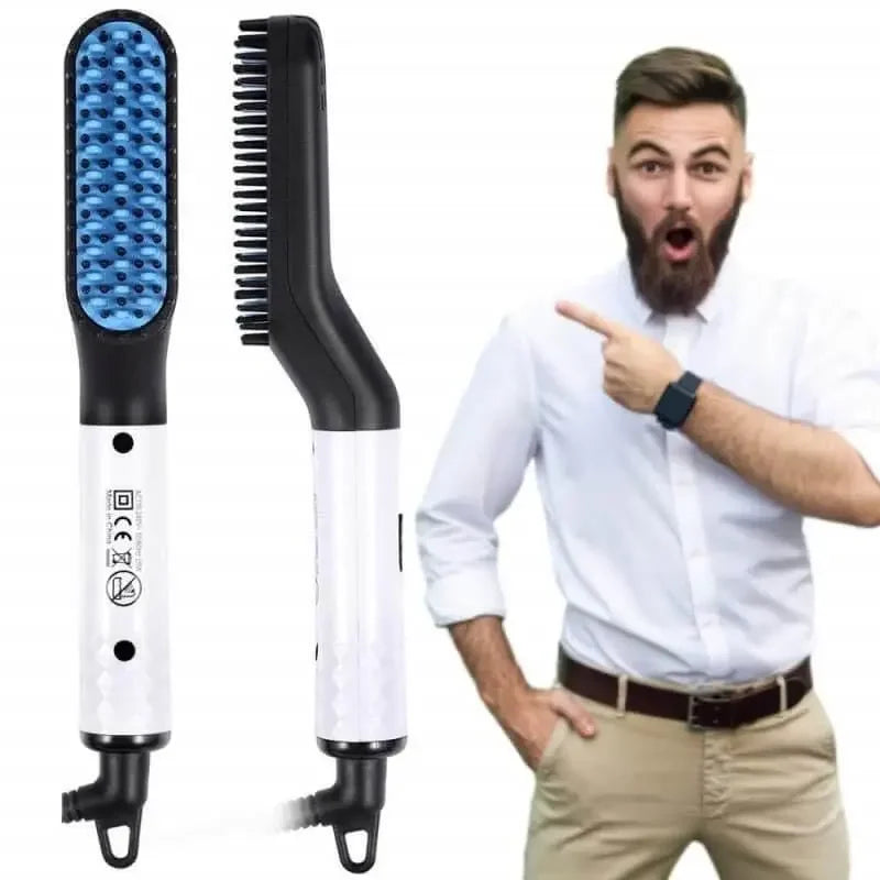 Electric beard straightening brush for men with a surprised man pointing at it