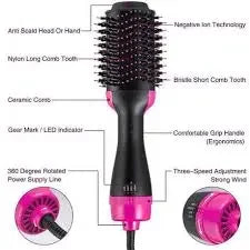 Hot air hair brush with labeled features, black and pink, ergonomic handle, ion technology