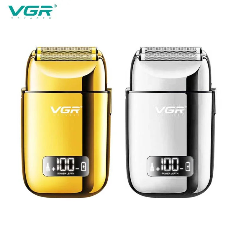 VGR electric shaver gold and silver models with LED display on white background