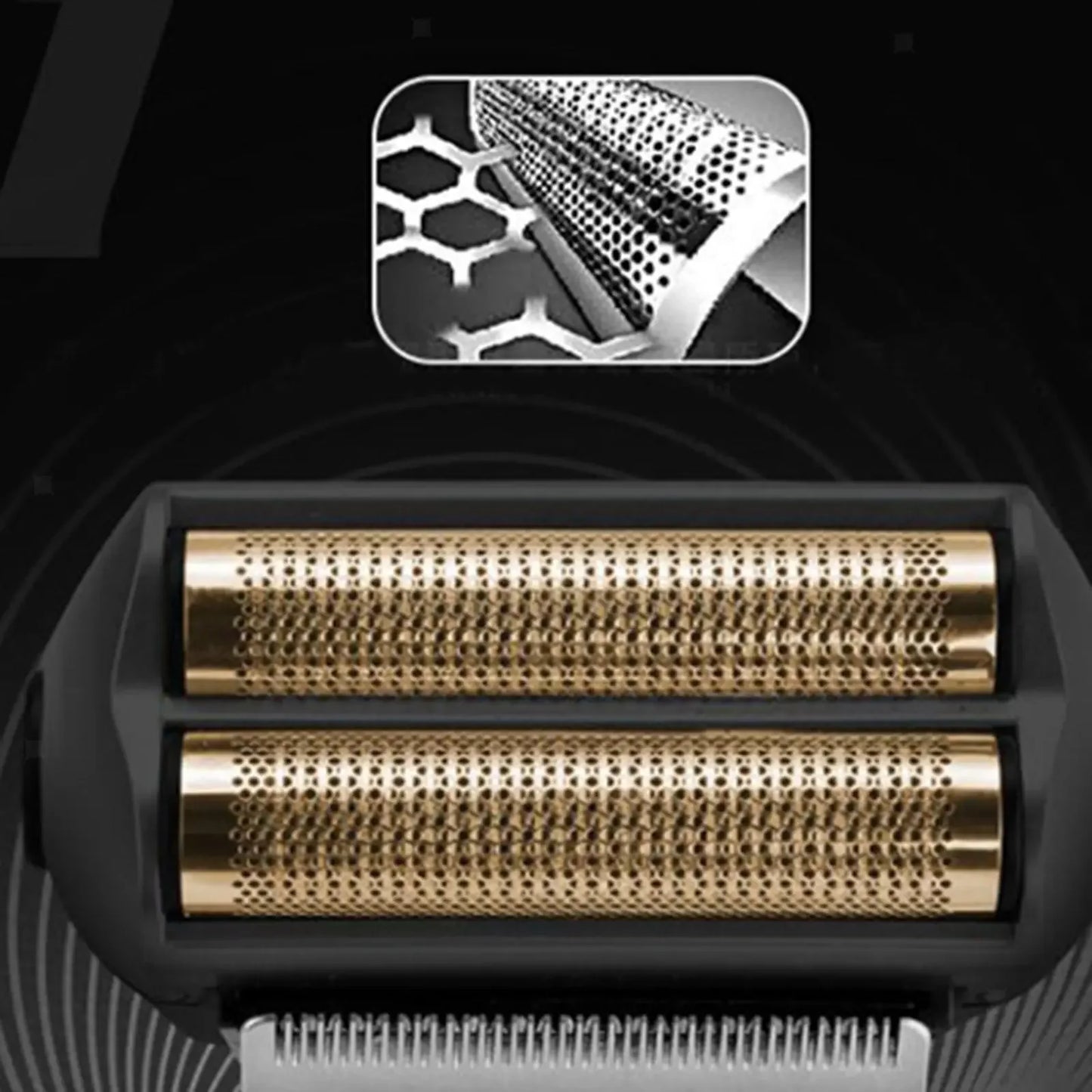 Close-up of electric shaver gold foil head with precision blades on black background