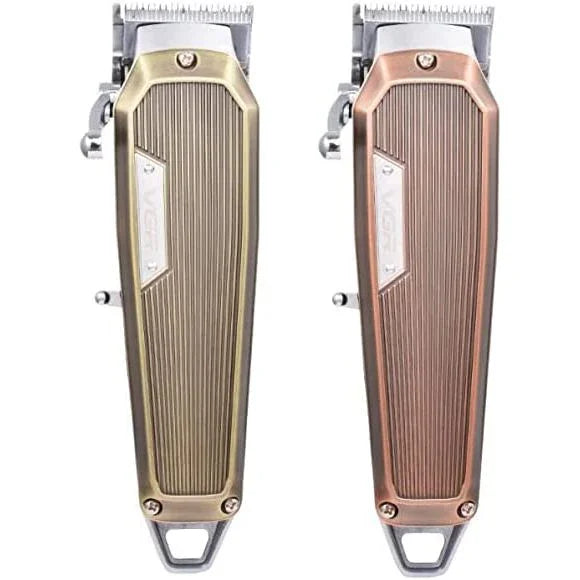 Gold and copper VGR hair clippers with metal bodies and textured grips side by side
