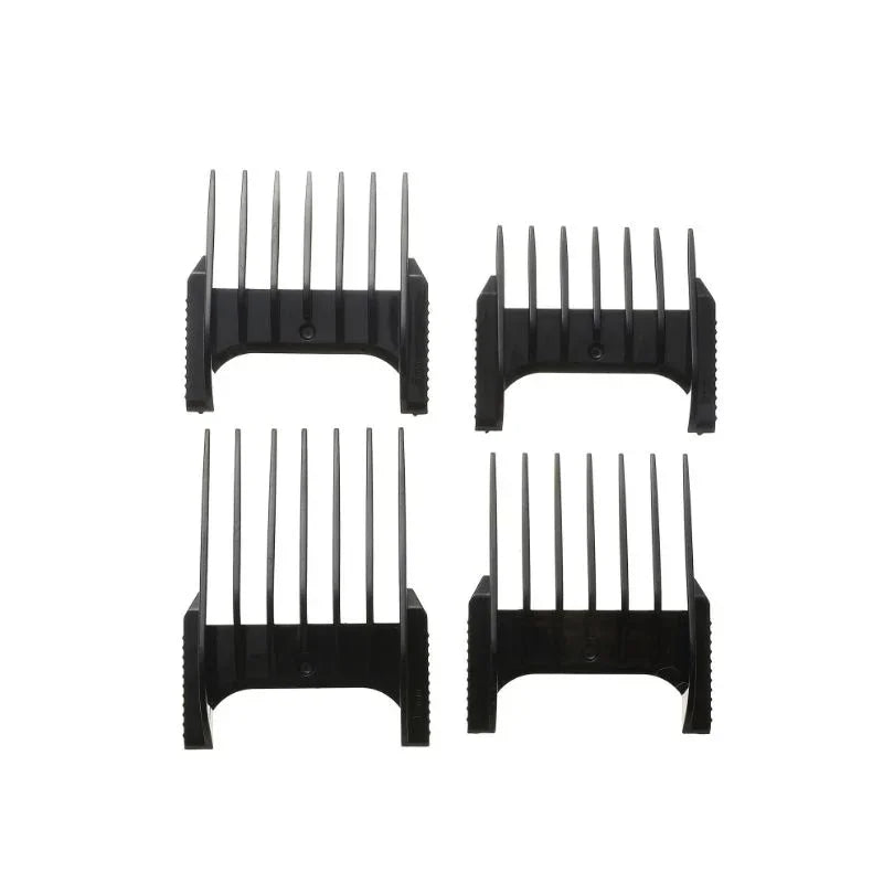 Set of four black clipper guard attachments for hair clippers on white background
