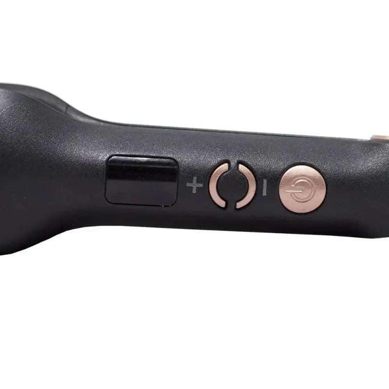 Close-up of black handle with gold power button and control icons