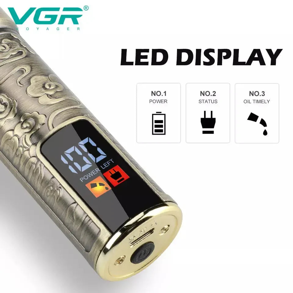 VGR hair trimmer with ornate metallic body and LED display showing battery status.