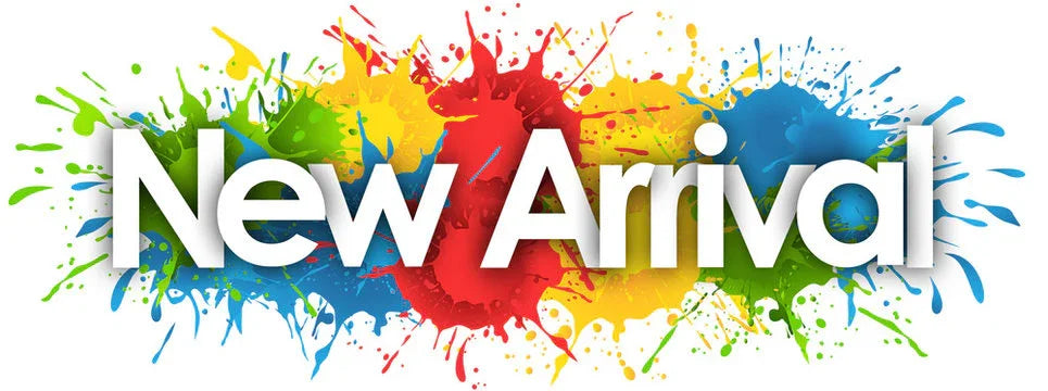 New Arrival text with colorful paint splashes, modern design for product launch banner.