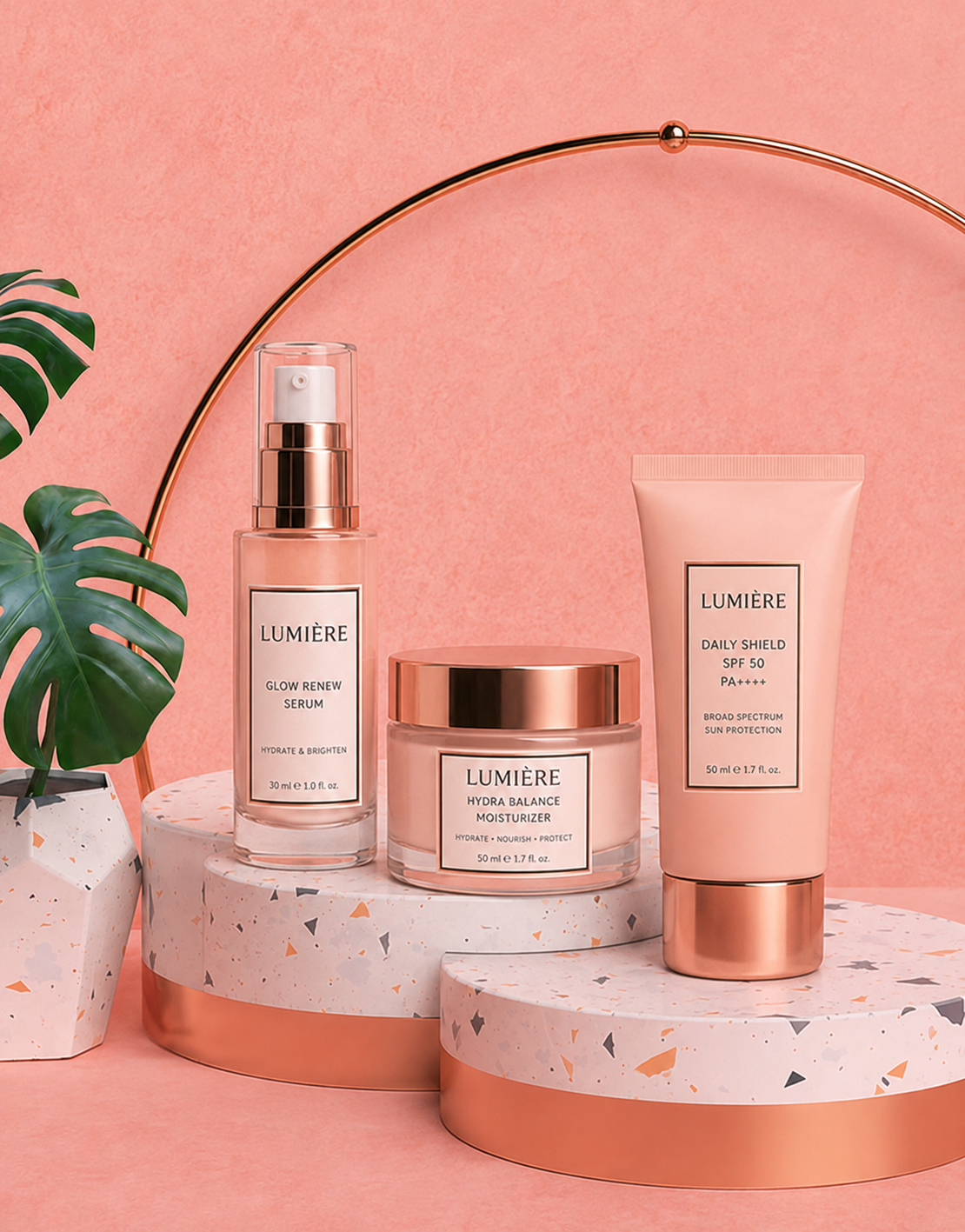 Woman with smooth skin and skincare products promoting health care and personal care.