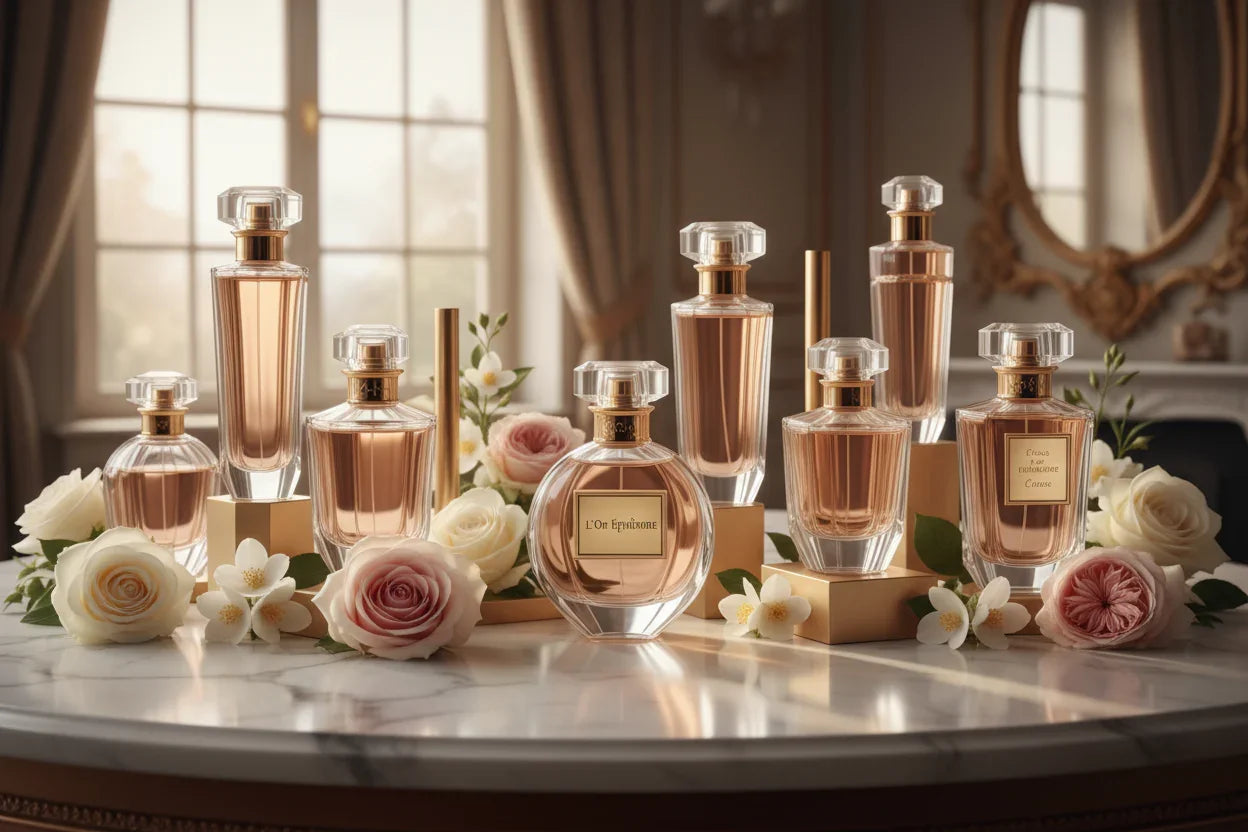 Luxury perfume bottles with gold accents and roses on a marble table in an elegant room