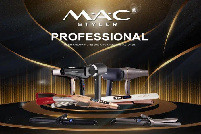 MAC Styler professional hair dryers and straighteners display with black and gold background