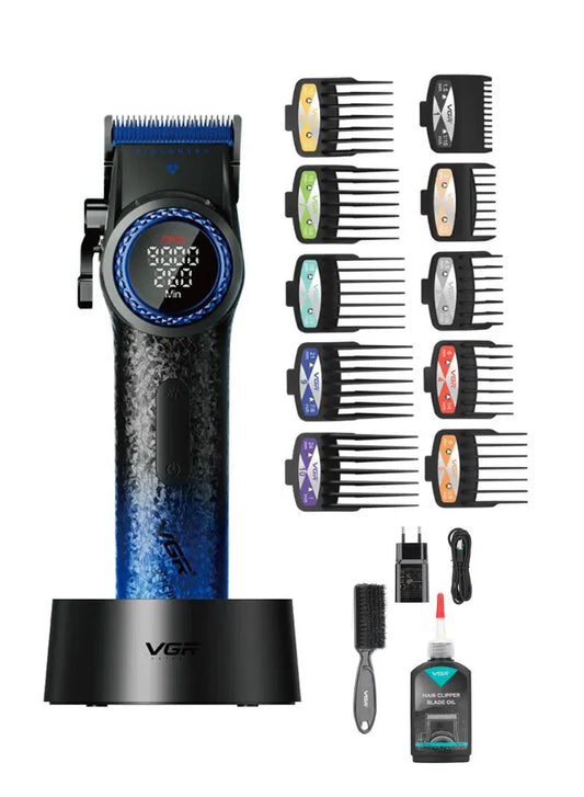 Professional Cordless Hair Clippers & Trimmers Set with Zero Gap T-Blade, High-Density Carbon Steel Blades Hair Clipper & Trimmer with Digital Display & Lever Lock V-001 - Blue