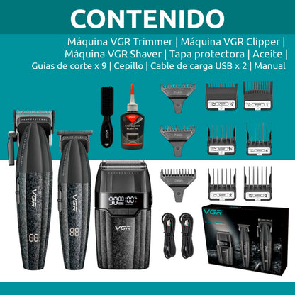 VGR 640 S3 Professional Men's Hair Clipper, 3-in-1 Cordless Barber Kit with Hair Clipper, Precision Trimmer, Foil Shaver, LED Display, USB Charging, Ceramic Blades,