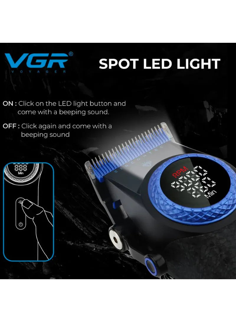 Professional Cordless Hair Clippers & Trimmers Set with Zero Gap T-Blade, High-Density Carbon Steel Blades Hair Clipper & Trimmer with Digital Display & Lever Lock V-001 - Blue