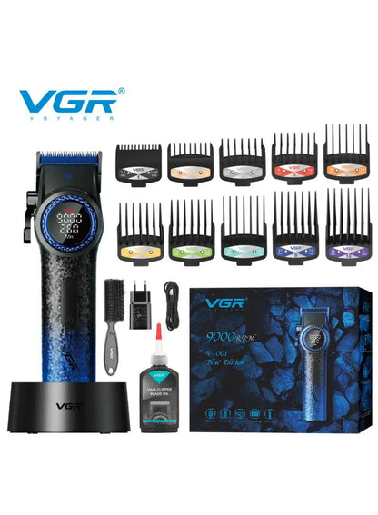 Professional Cordless Hair Clippers & Trimmers Set with Zero Gap T-Blade, High-Density Carbon Steel Blades Hair Clipper & Trimmer with Digital Display & Lever Lock V-001 - Blue