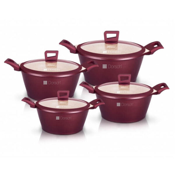Dorsch Set of four red cookware pots with lids on a white background