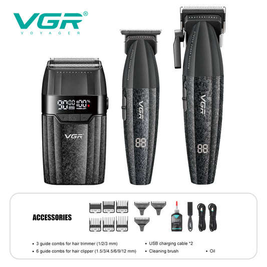 VGR 640 S3 Professional Men's Hair Clipper, 3-in-1 Cordless Barber Kit with Hair Clipper, Precision Trimmer, Foil Shaver, LED Display, USB Charging, Ceramic Blades,