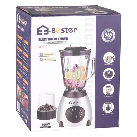BESTER EE-3301A Electric Blender With Resistant Glass Bowl And Grinder, 2 In 1, 500W, 1.5L, 5 Adjustable Speeds And Pulse Function For Various Preparations