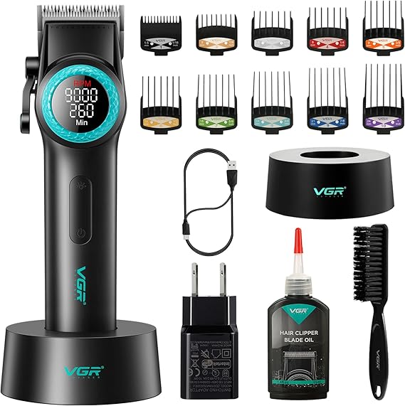 VGR 001 Professional Hair Clippers for Men, Cordless Barber Clippers for Hair Cutting, Carbon Steel Blade Hair Trimmers for Barbers, 9000RPM, LED Display, Black,