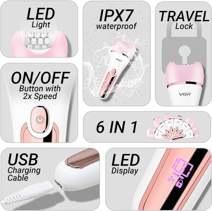 VGR V-733 Professional Ladies Grooming Kit,Epilator for women 6 in 1 lady care set,LED Display,90min Runtime &600mAh Lithium Battery IPX 7 Waterproof