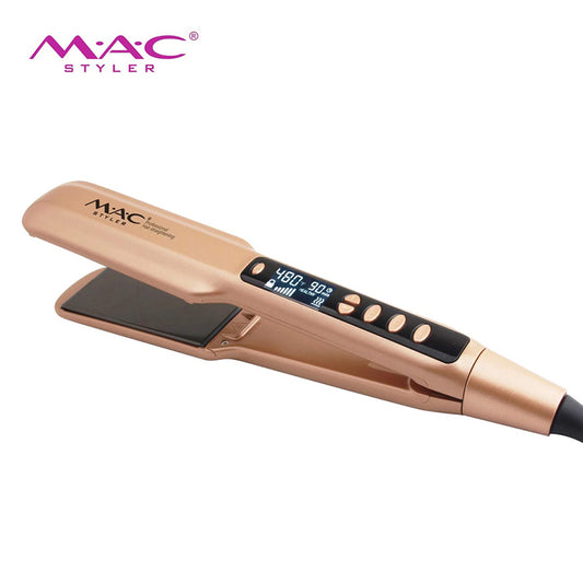 Rose gold MäC hair straightener on a white background