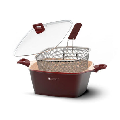 Dorsch Red deep fryer with a mesh basket and glass lid on a white background