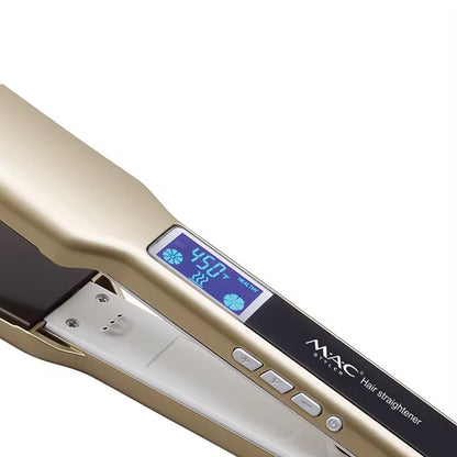 Gold hair straightener with digital display on a white background