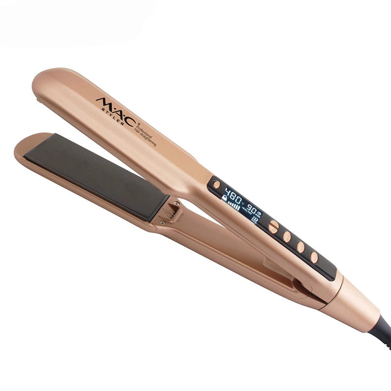 Rose gold hair straightener with digital display on a white background