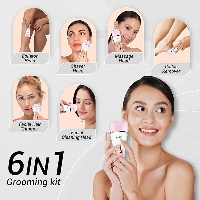 VGR V-733 Professional Ladies Grooming Kit,Epilator for women 6 in 1 lady care set,LED Display,90min Runtime &600mAh Lithium Battery IPX 7 Waterproof