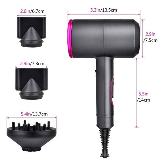Ionic Hair Dryer, 1800W Fast Dry, 2 Nozzles & 1 Diffuser, 3 Temps & 2 Speed, Plug Charge